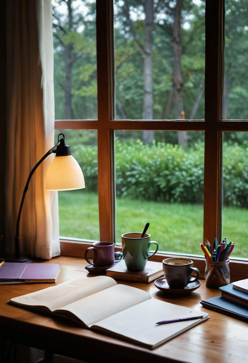 A cozy, inviting workspace with a wooden desk covered in open notebooks and colorful pens, a steaming cup of coffee beside them. A softly glowing lamp casts warm light, while a window showcases a serene landscape outside. Gentle hints of digital devices subtly integrated into the scene, symbolizing modern discussion. A peaceful atmosphere encourages reflection and conversation. painting. warm colors. soft focus.