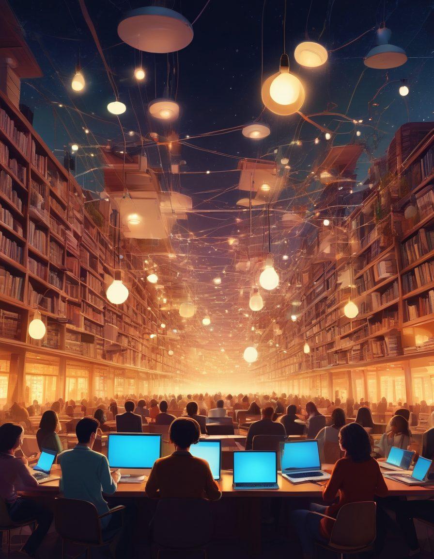 A bustling digital landscape representing the blogosphere, filled with diverse individuals engaged in thoughtful discussions over laptops and tablets. Illustrate a mix of bright and muted colors to reflect mature content with symbols of insight, such as lightbulbs and books. Include a serene backdrop of interconnected nodes, signifying the flow of information and ideas. Blend elements of technology with a warm, inviting atmosphere. vector art. vibrant colors.
