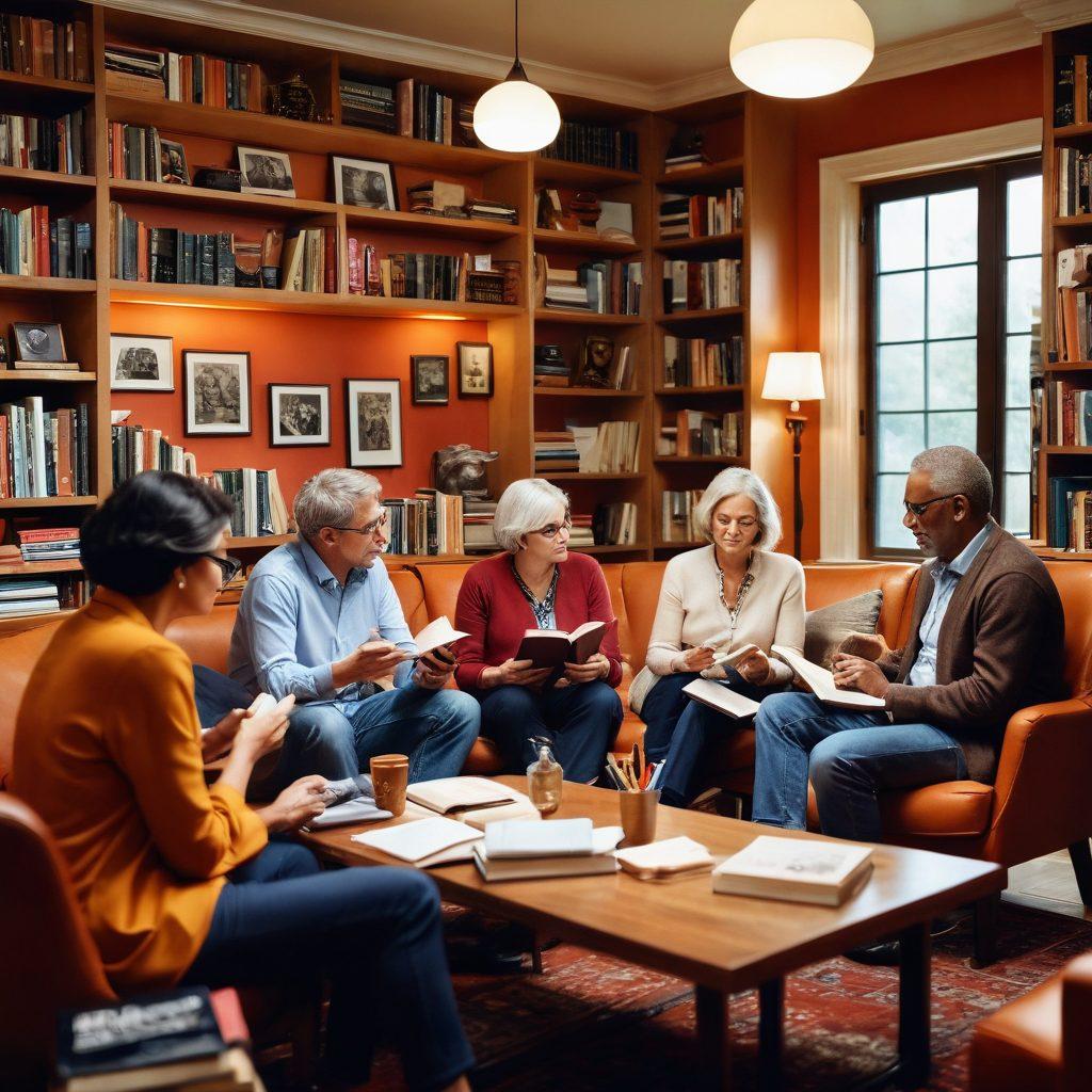 A diverse group of mature individuals engaged in a lively discussion, surrounded by books and digital devices showcasing various blogs. The scene conveys a sense of collaboration and wisdom, with warm lighting and inviting expressions. Background elements include symbols of different cultures and ideologies, reflecting a rich blend of perspectives. super-realistic. warm colors. cozy ambiance.